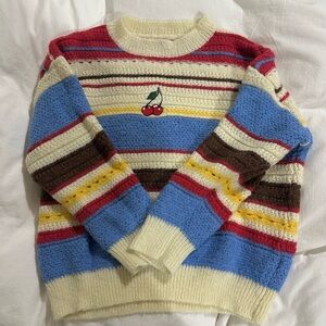 Colorful Striped Sweater with Cherry Embroidery